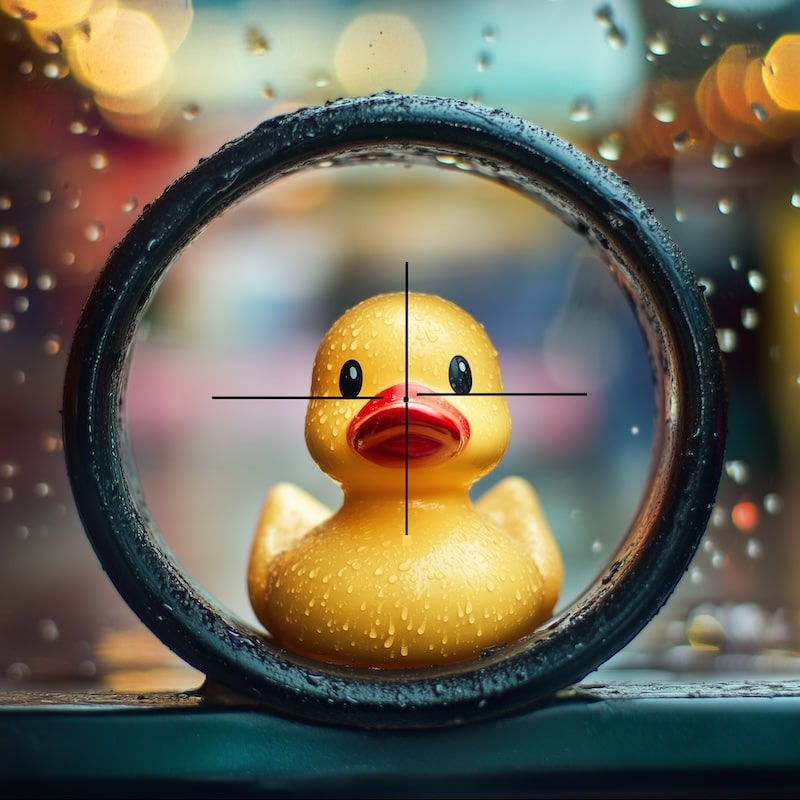 ai image of a toy duck in an aimed scope