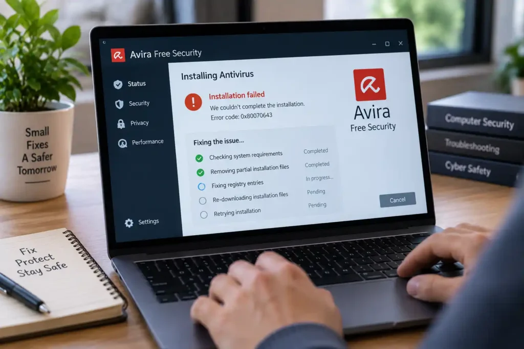 Antivirus installation failed on a laptop showing an error message and troubleshooting steps.