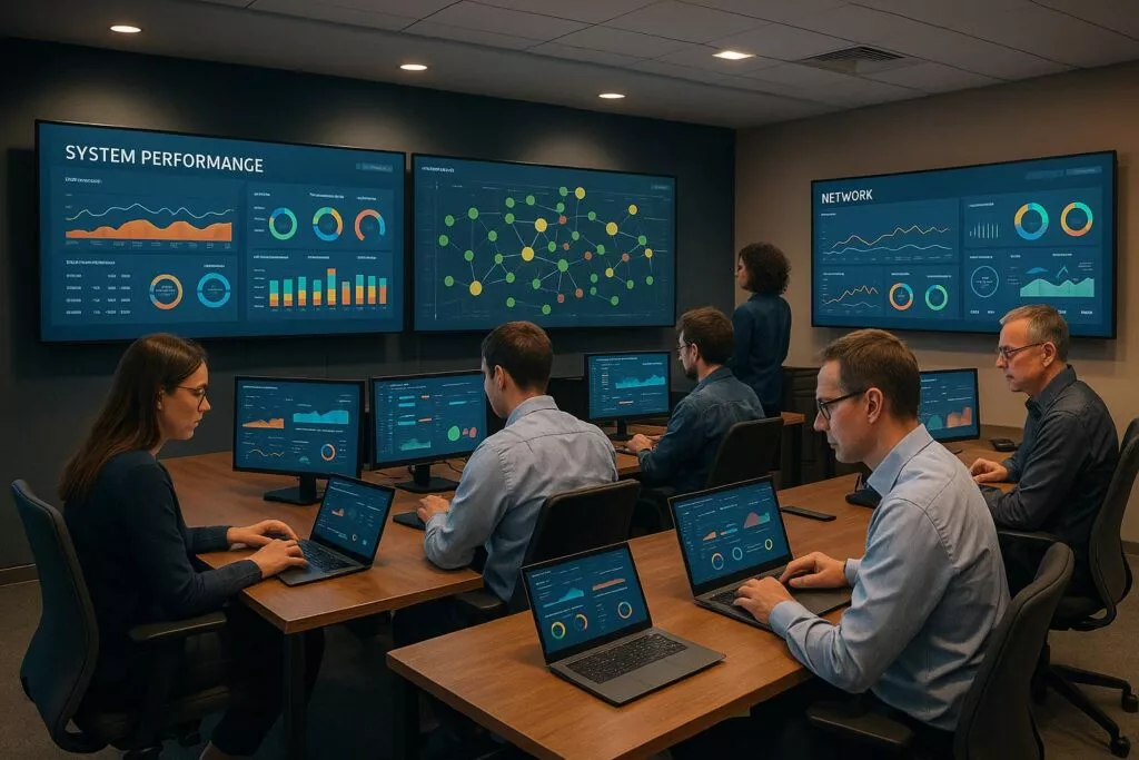 Office with six people working on laptops, analyzing data on large wall screens displaying system performance and network info, showing charts and graphs.