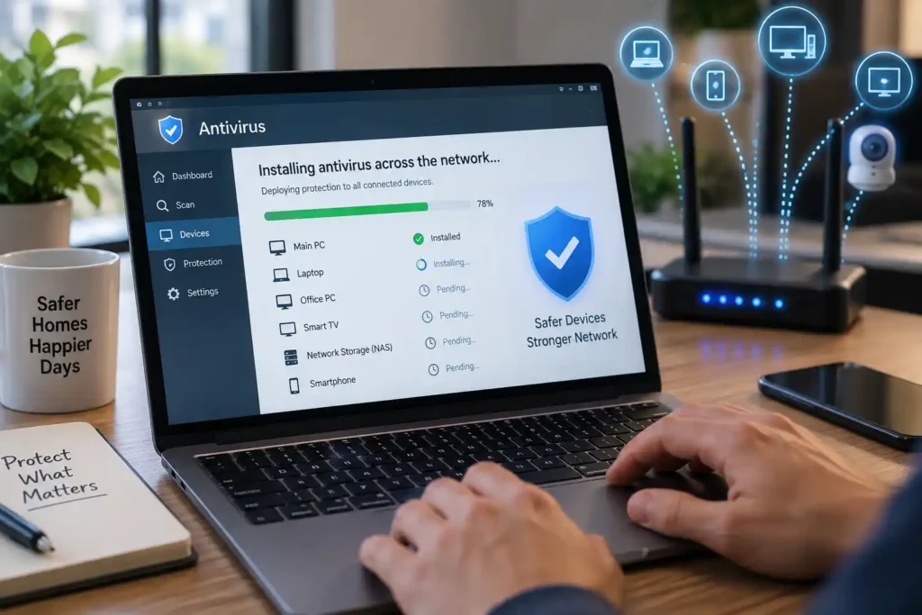 Laptop showing antivirus protection being installed across multiple network-connected devices