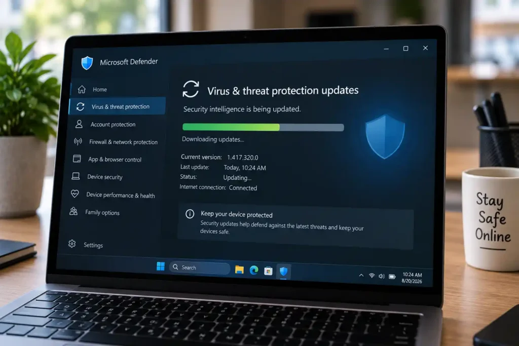 Laptop showing Microsoft Defender downloading the latest virus and threat protection updates