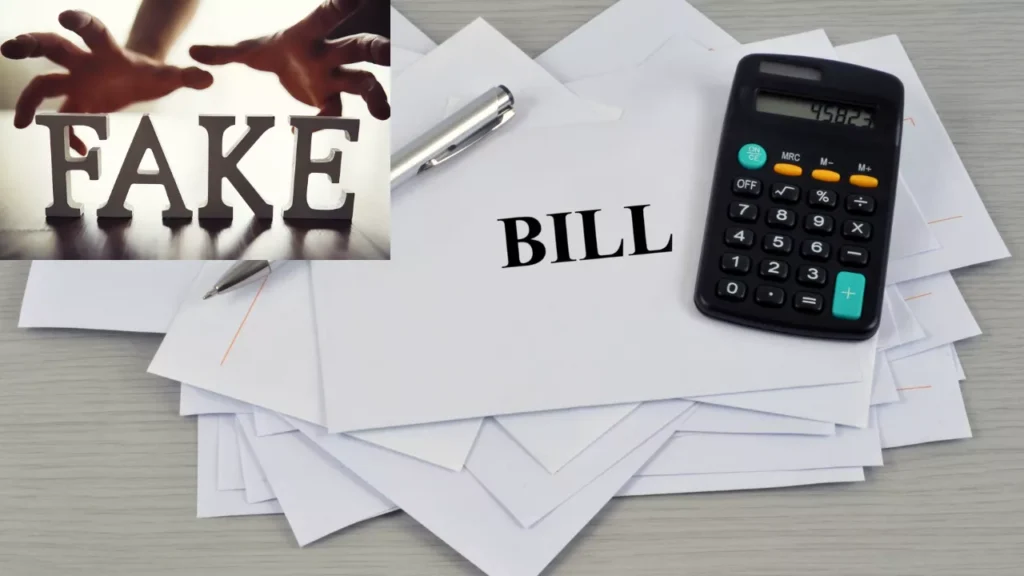 A stack of papers labeled "BILL" sits with a silver pen and calculator displaying 451.52. Overlaid image shows hands reaching for 3D letters spelling "FAKE."