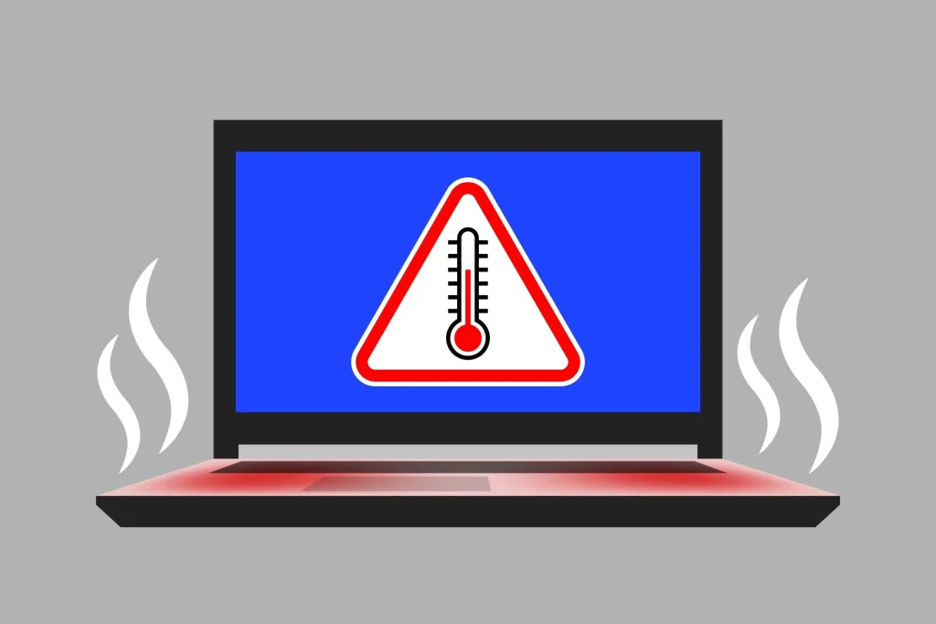 Laptop with warning triangle on screen and thermometer icon signals overheating. Steam rises from the device, set against a gray background.