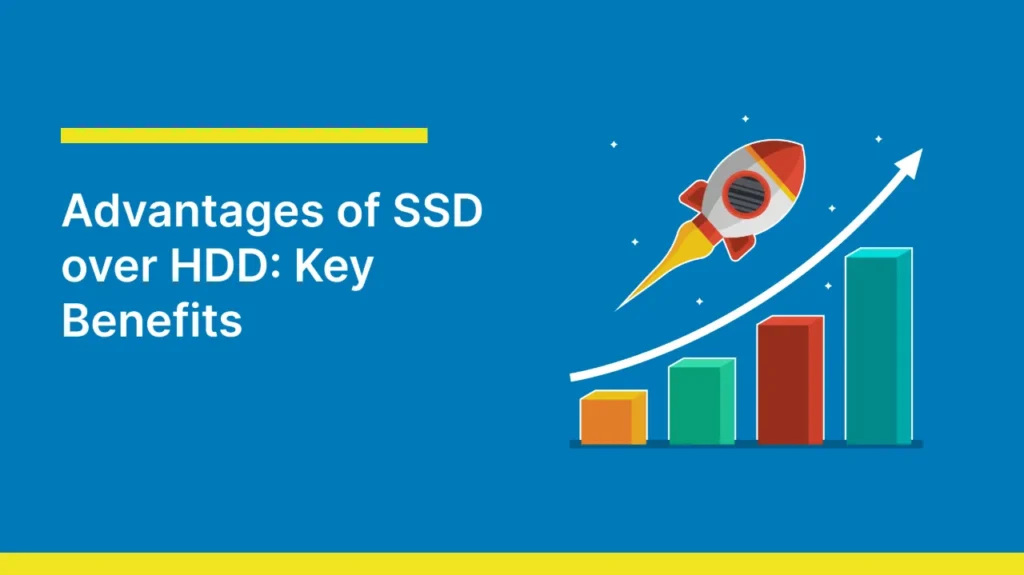 Graphic illustrating the advantages of SSD over HDD with a rising bar chart and a rocket, symbolizing growth and speed on a blue background.