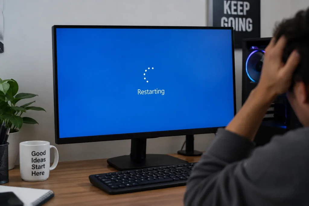 A frustrated person sitting at a desk as a computer monitor displays a blue Windows screen with a “Restarting” message and loading indicator.