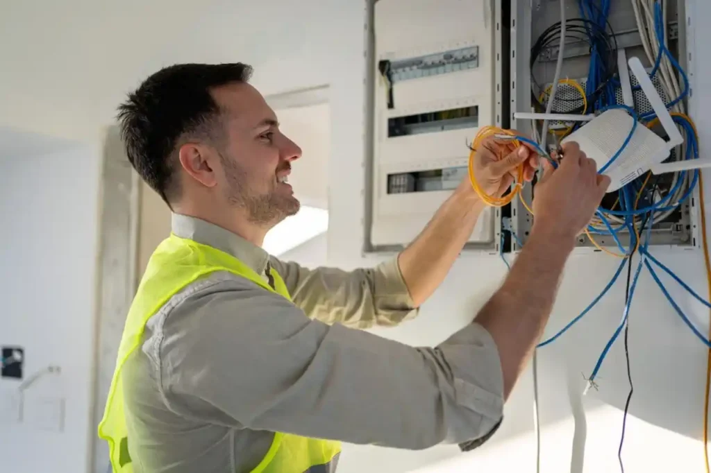 Network technician working on router and internet cables in a communications cabinet
