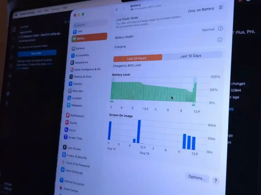 A laptop displaying battery settings with battery level and screen usage graphs used to identify power consumption over time.