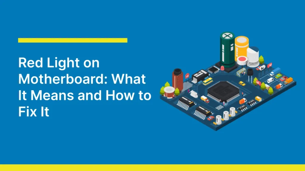 Illustration of a motherboard with a red light indicator, explaining its meaning and troubleshooting methods for users.