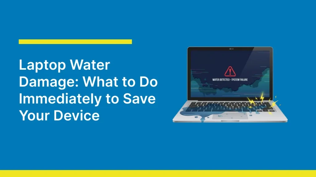 Blue thumbnail with the headline "Laptop Water Damage: What to Do Immediately to Save Your Device" alongside an illustration of a water-damaged laptop displaying a system failure warning, with water spilling over the keyboard and electrical sparks indicating damage.