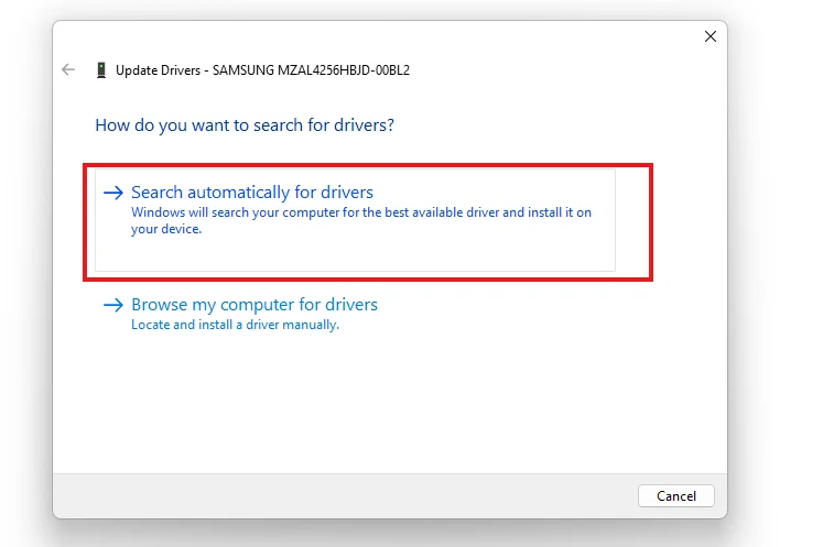 Step 4: Click Search automatically for drivers to let Windows find and install the latest driver.