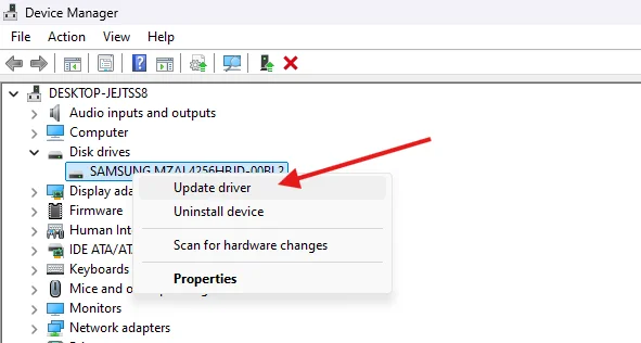 Step 3: Right-click the external hard drive and select Update driver to begin updating the driver.