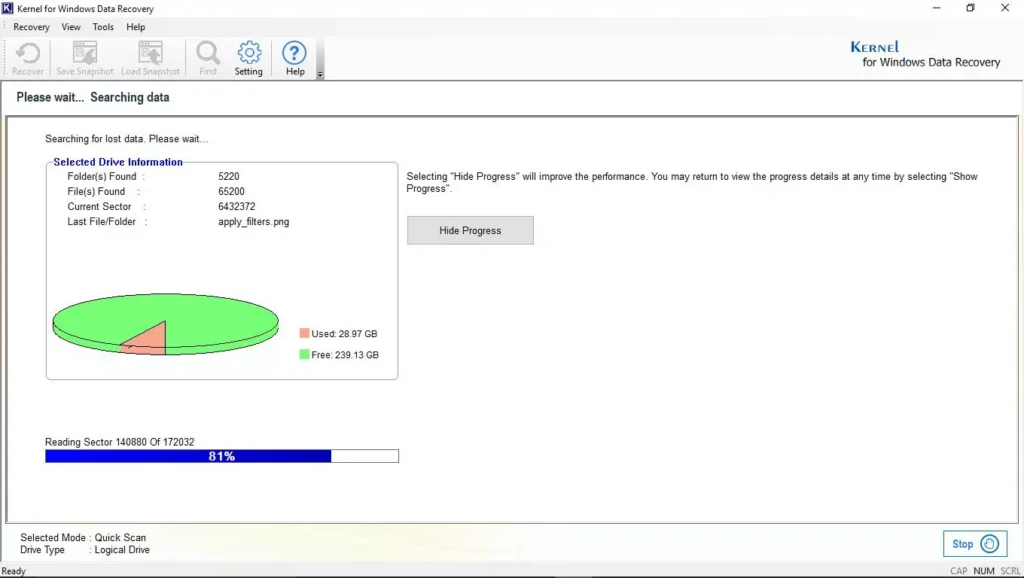 Kernel for Windows Data Recovery software interface displaying an active drive scan progress bar at 81 percent with recovered file statistics and storage breakdown.