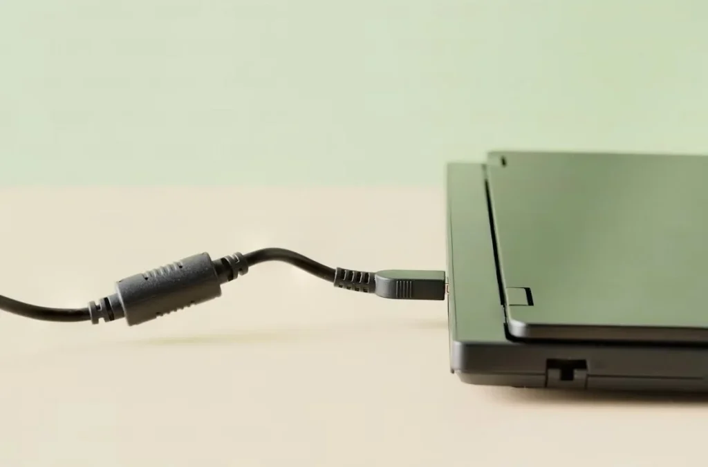 Laptop connected to a power cable for charging and power supply.