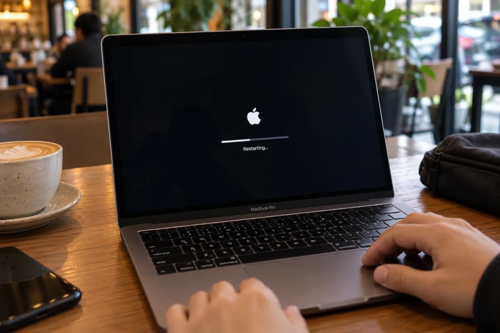 A MacBook Pro on a wooden café table displaying the Apple logo, a progress bar, and “Restarting…” on its black screen, with a person’s hands resting on the laptop and a coffee cup beside it.